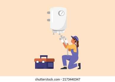 Business flat cartoon style drawing cute repairwoman or plumber in overalls installing water heater or boiler. Home repair, maintenance plumbing services decoration. Graphic design vector illustration