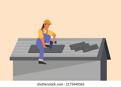 Business flat cartoon style drawing roofer installing wooden or bitumen shingle. Roofer fixing house roof with electric screwdriver. Repairwoman repair occupation. Graphic design vector illustration