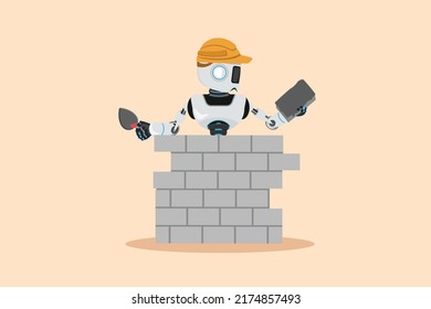 Business flat cartoon style drawing robot repairman building brick wall. Construction worker with helmet. Builder concept. Repair services. Artificial intelligence. Graphic design vector illustration