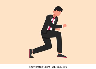 Business flat cartoon style drawing happy businessman bow with yes gesture. Office worker celebrate success of company project. Successful victory achievement. Graphic draw design vector illustration