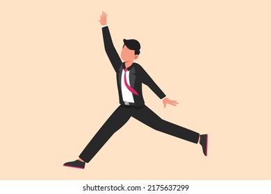 Business flat cartoon style drawing happy businessman jumping with spreads both legs and raises one hand. Salesman celebrate achievement of increasing product sales. Graphic design vector illustration