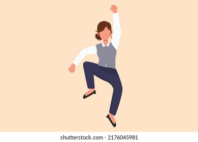 Business flat cartoon style drawing happy businesswoman jump with folds one leg and raises one hand. Manager celebrating success of increasing company product sales. Graphic design vector illustration