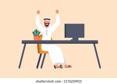 Business flat cartoon style drawing happy Arab businessman sitting with raised hands near table and computer. Office worker celebrates success business achievement. Graphic design vector illustration