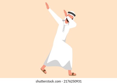 Business flat cartoon style drawing happy Arab businessman standing with crossing arms and look down. Success office worker celebrates salary increase from company. Graphic design vector illustration