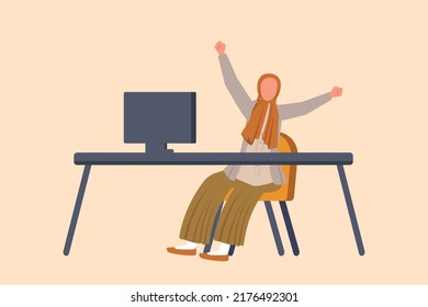 Business flat cartoon style drawing happy Arabian businesswoman sitting with raised hands near desk with computer in workplace. Worker celebrate success new project. Graphic design vector illustration