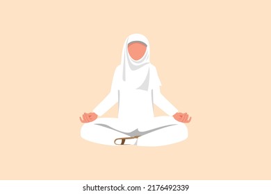 Business flat cartoon style drawing relaxed Arabian businesswoman doing yoga and resting from work. Worker sitting in yoga pose, meditation, relaxing, manage stress. Graphic design vector illustration