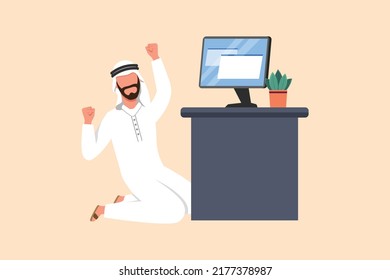 Business flat cartoon style drawing happy Arab businessman kneeling with raised one hand high and raised other. Male manager celebrate success business achievement. Graphic design vector illustration