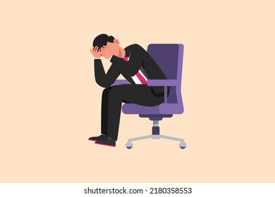 Business flat cartoon style drawing frustrated businessman holding his head sitting alone on the chair. Regret on business mistake, depressed, stupidity, foolish. Graphic design vector illustration