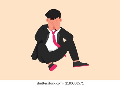 Estilo de caricatura plana de negocios dibujando a un triste hombre de negocios deprimido cubriéndose la cara a mano y sentado en el suelo. Trastornos de la depresión, dolor, síntoma de decepción. Ilustración vectorial de diseño gráfico