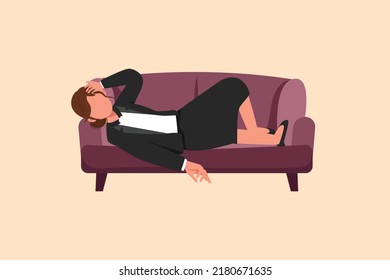 Business flat cartoon style drawing depressed businesswoman tired and resting on sofa. Frustrated worker holding head lying on sofa. Stressed and anxiety on failure. Graphic design vector illustration