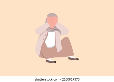 Business flat cartoon style drawing depressed Arabian businesswoman feeling sad with holding head and sitting on floor. Frustrated worker with mental health problem. Graphic design vector illustration
