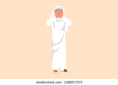 Business flat cartoon style drawing depressed Arab businesswoman cover her face by hands and crying. Depression disorder, sad, sorrow, disappointment due to crisis. Graphic design vector illustration