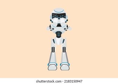 Business flat cartoon style drawing depressed robot standing and cover his face by hands and crying. Depression, sad, sorrow. Modern robotic artificial intelligence. Graphic design vector illustration