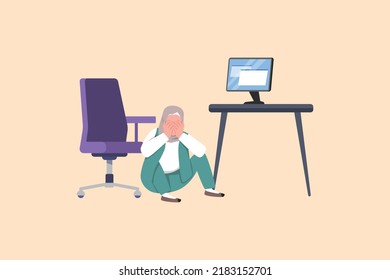 Business flat cartoon style drawing depressed Arab businesswoman cover her face by hands and sitting on the floor. Depression, sorrow, sick, disappointment symptom. Graphic design vector illustration