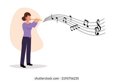 Business flat cartoon style drawing female musician playing flute  Flutist performing classical music wind instrument  Solo performance talented flautist  Graphic design vector illustration