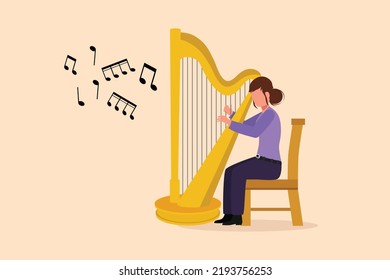 Business flat cartoon style drawing woman musician playing harp. Classical music performer character with musical instrument. Female sitting, playing harp. Graphic character design vector illustration