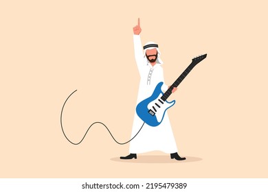 Business flat cartoon style drawing Arab male musician plays electric guitar. Man practicing in playing guitar. Guitarist perform playing music instrument on stage. Graphic design vector illustration