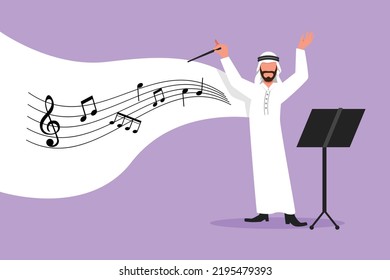 Business flat cartoon style drawing Arab man music orchestra conductor. Male musician with arm gestures. Expressive conductor directs orchestra during performance. Graphic design vector illustration