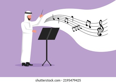 Business flat cartoon style drawing Arab man conductor. Musician perform on stage directing symphony orchestra. Classical music performance, instrumental ensemble. Graphic design vector illustration