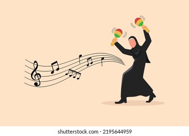 Business Flat Cartoon Style Drawing Arabian Woman Street Band Player Plays Maracas. Female Performer With Musical Instruments, Mariachi Player At National Festival. Graphic Design Vector Illustration
