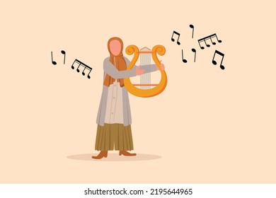 Business flat cartoon style drawing Arabian female musician playing musical lyre. Classical music orchestra woman artist with music instrument. Musician performance. Graphic design vector illustration