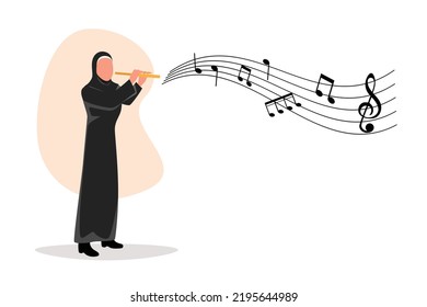 Business flat cartoon style drawing Arab female musician playing flute  Flutist performing classical music wind instrument  Solo performance talented flautist  Graphic design vector illustration