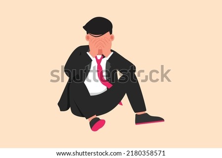 Business flat cartoon style drawing sad depressed businessman cover his face by hands and sitting on the floor. Depression disorder, sorrow, disappointment symptom. Graphic design vector illustration