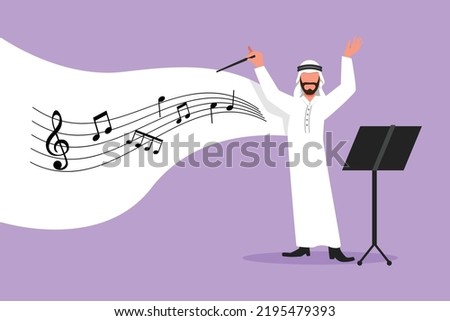 Business flat cartoon style drawing Arab man music orchestra conductor. Male musician with arm gestures. Expressive conductor directs orchestra during performance. Graphic design vector illustration