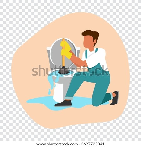 Business flat cartoon style drawing toilet cleaning, plumbing service. Plumbing toilet leakage, clogging, plumber repair tools. Sewage system. Toilet bowl and sewer. Graphic design vector illustration