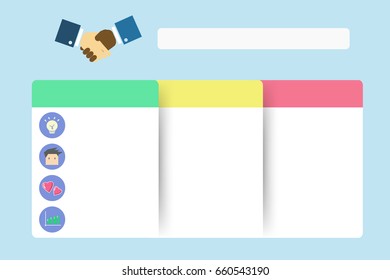 business flat chart. shake hand,light,bulb,businessman,man,face,heart,chart,graphs cartoon. 3 paper Business flat  Infographics Design with space for text. vector EPS10 for presentation.