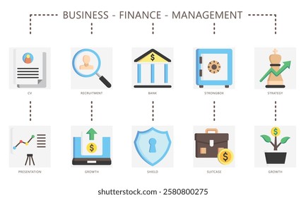 Business flat color icon set. Contain CV, recruitment, presentation, growth, bank, box, suitcase, strategy and more. use for UI, UX, app and web development, digital, print. For financial, management