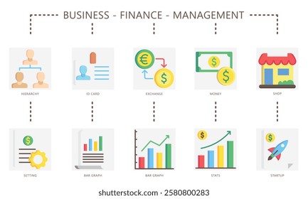 Business flat color icon set. contain exchange, money, graph, shop, stats, startup, id card, hierarchy and more. use for UI, UX, app and web development, digital or print, for financial, management.