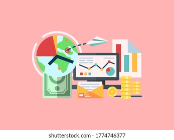 Business flat concept for commercial use. Time is money, paper airplane, presentation and another business stuff