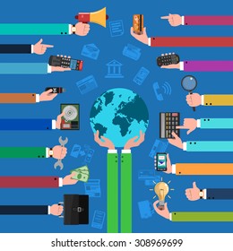 Business flat concept with human hands holding globe vector illustration