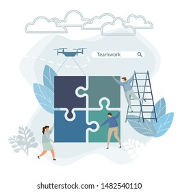 Business flat concept. Team puzzle metaphor. People connecting puzzle elements. Vector illustration flat design simple style. Symbol different races teamwork, heterosexual cooperation, partnership