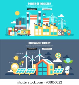 Business flat concept web banner of power of industry and renewable energy. Conceptual vector illustration for web design, marketing, graphic design.