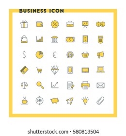 Business flat design icon set. Money, shopping, bank, card, promotion. Vector icons. Yellow and black colors