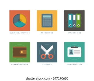 Business flat design icons, Business analytics chart, Accounting calculator, Data archive, Banking service purse, Scissors, Identification user. Vector illustration for website and promotion banners. 