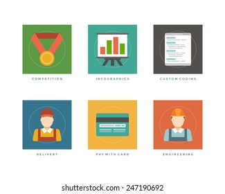 Business flat design icons, Competition gold medal, Infographics, Custom coding, Delivery man, Pay with credit card, Engineering. Vector illustration for website and promotion banners. 