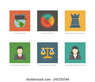 Business flat design icons, Education, Statistics, Business Strategy, Personal Manager, Exchange Traded. Vector illustration for website and promotion banners. 
