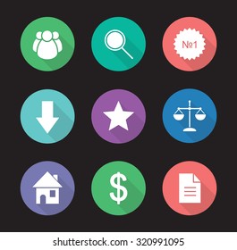 Business flat design icons set. Commerce and marketing long shadow silhouette symbols. Web store interface. Marketing and e-commerce round color illustrations. Vector infographics elements 