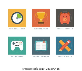 Business flat design icons, Time Management, Business Award, Money Box Deposit, Online Games, Education, Graphic Design Vector illustration for website and promotion banners. 