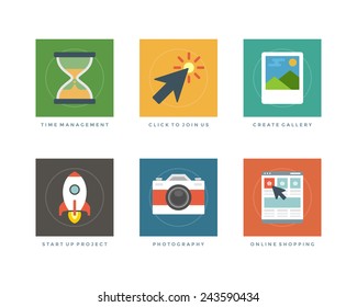 Business flat design icons, Time Management, Join Us, Create Gallery, Start Up Project, Photo Camera, Online Shopping. Vector illustration for website and promotion banners. 