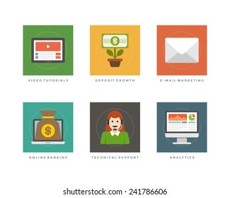 Business flat design icons, Video Tutorials, Deposit Growth, E-mail Marketing, Online Banking, Technical Support, Analytics. Vector illustration for website and promotion banners.