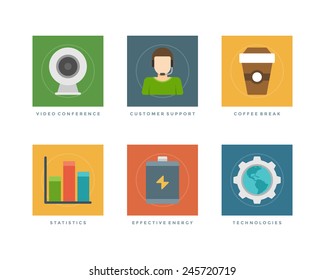 Business flat design icons, Video Conference, Customer Support, Coffee Break, Statistic Graph Diagram, Energy Battery, Technologies Gear. Vector illustration for website and promotion banners. 