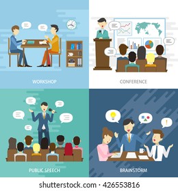 ilustración de diseño plano empresarial - trabajar. conferencia. pancartas de conceptos de discurso público y lluvia de ideas