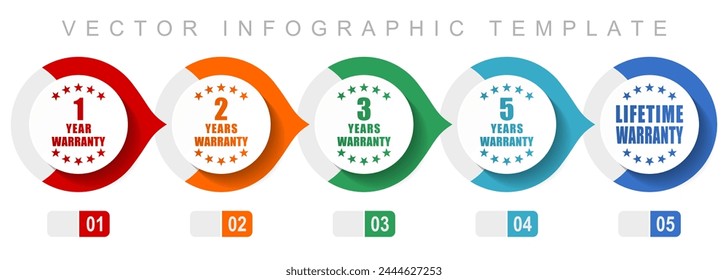 Business flat design infographic template, miscellaneous symbols such as 1, 2, 3, 5 and lifetime warranty, vector icons collection