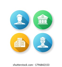 Business flat design long shadow glyph icons set. Man avatar. Middle age businessman. Real estate. Private property. Office buildings. Older corporate employee. Silhouette RGB color illustration