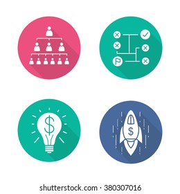 Business flat design long shadow icons set. Company hierarchy and problems solving. Commercial success idea and business goal achievement spaceship symbol. Logo concepts. Vector illustrations