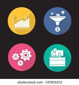 Business flat design long shadow icons set. Sales funnel, growth chart, cogwheels and office worker. Vector silhouette illustration